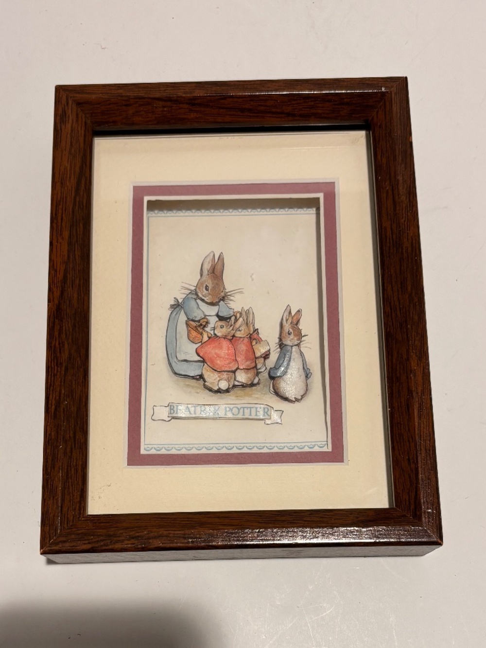 Framed 3D paper tole (decoupage) art piece featuring Peter Rabbit
